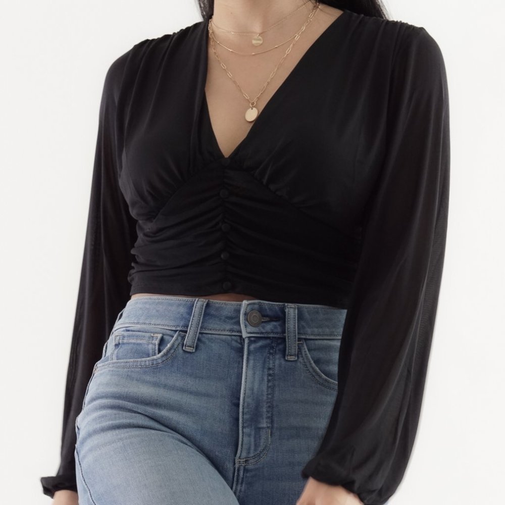 Black Long Sleeve Crop Blouse S-XL